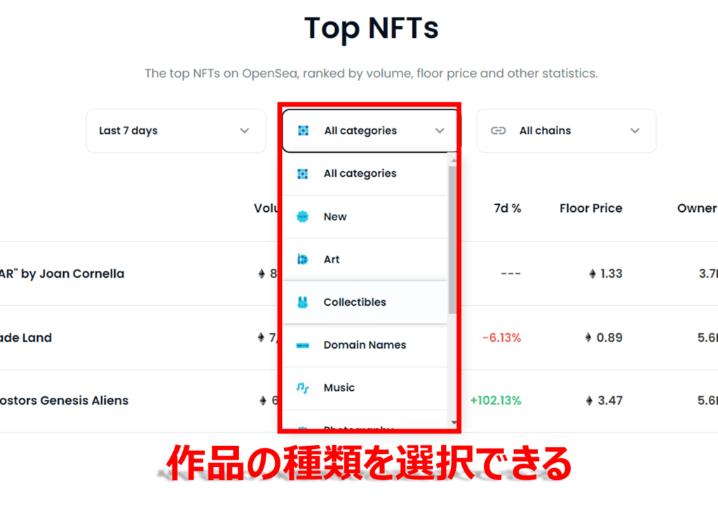 OpenSeaでNFTをランキングから探す方法④